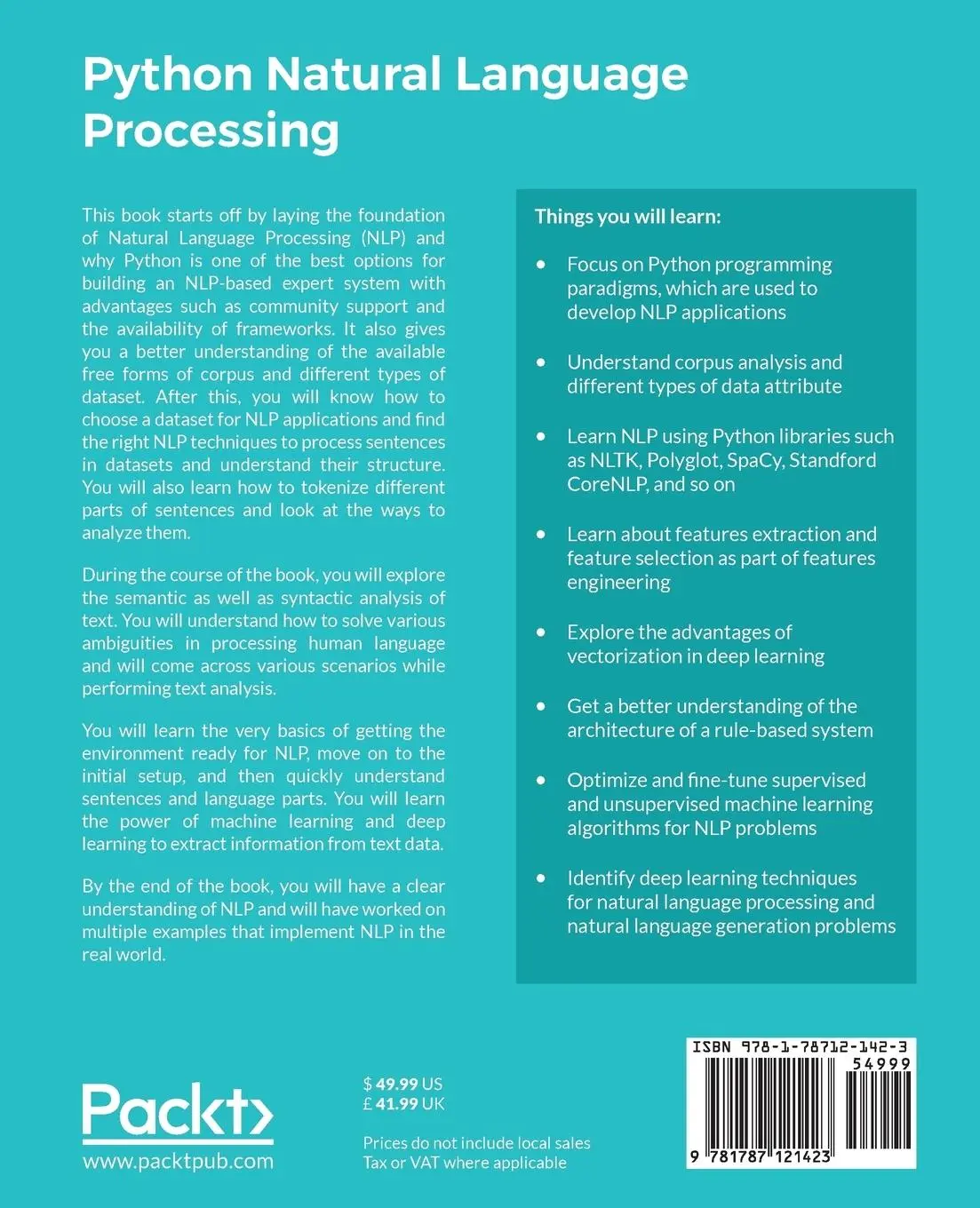 Rückseite: 9781787121423 | Python Natural Language Processing | Jalaj Thanaki | Taschenbuch