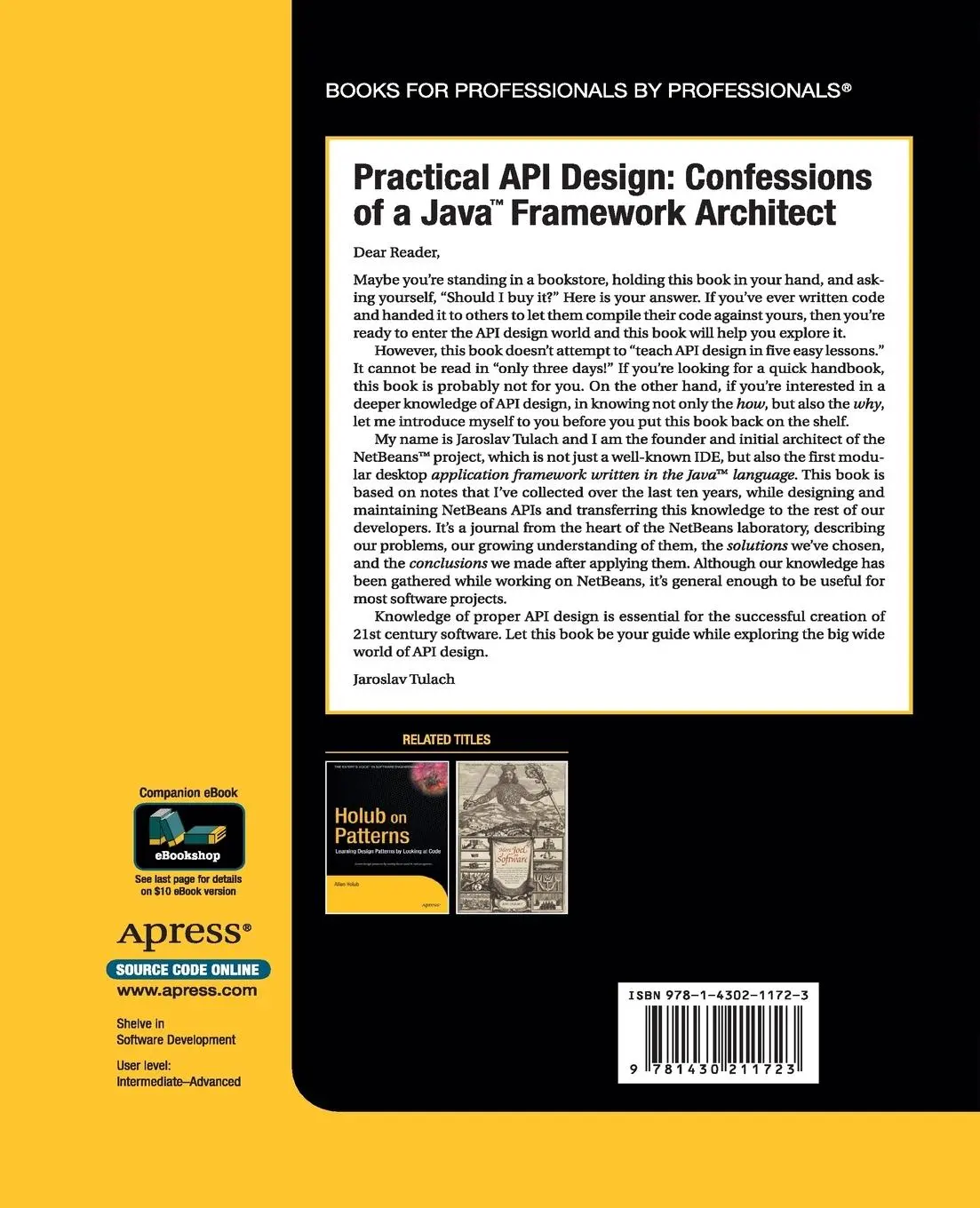 Rückseite: 9781430211723 | Practical API Design | Confessions of a Java Framework Architect