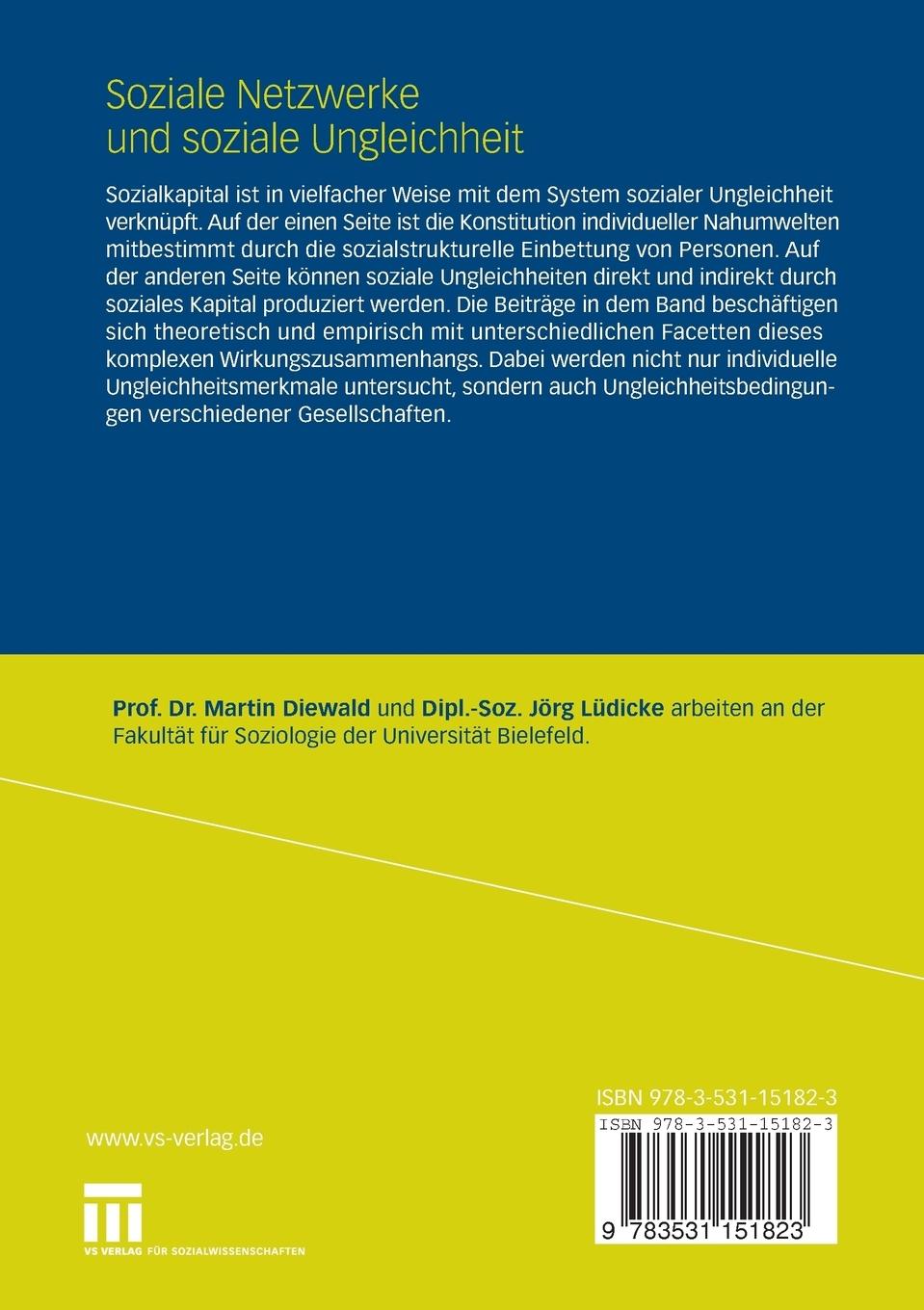 Rückseite: 9783531151823 | Soziale Netzwerke und soziale Ungleichheit | Martin Diewald (u. a.)