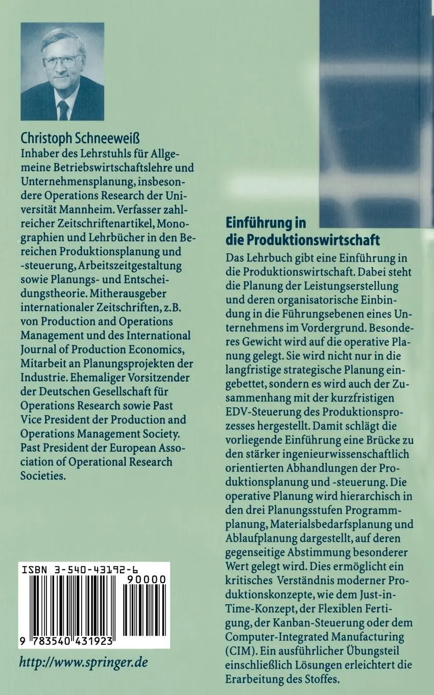 Rückseite: 9783540431923 | Einführung in die Produktionswirtschaft | Christoph Schneeweiß | Buch