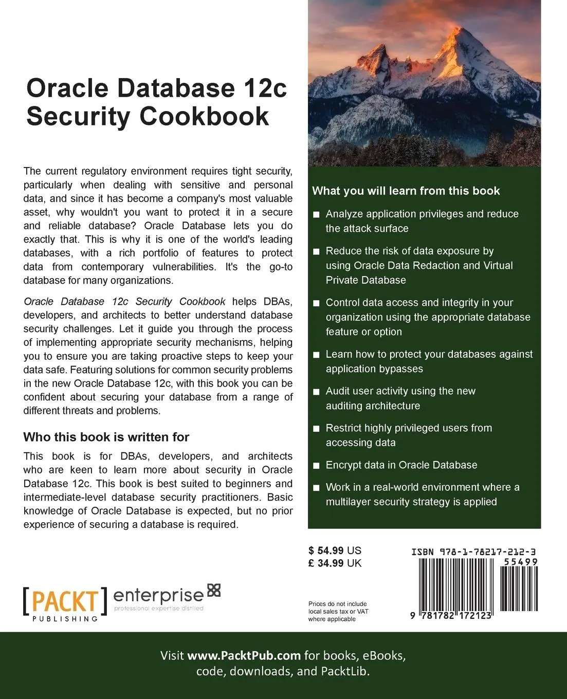 Rückseite: 9781782172123 | Oracle Database 12c Security cookbook | Zoran Pavlovic (u. a.) | Buch