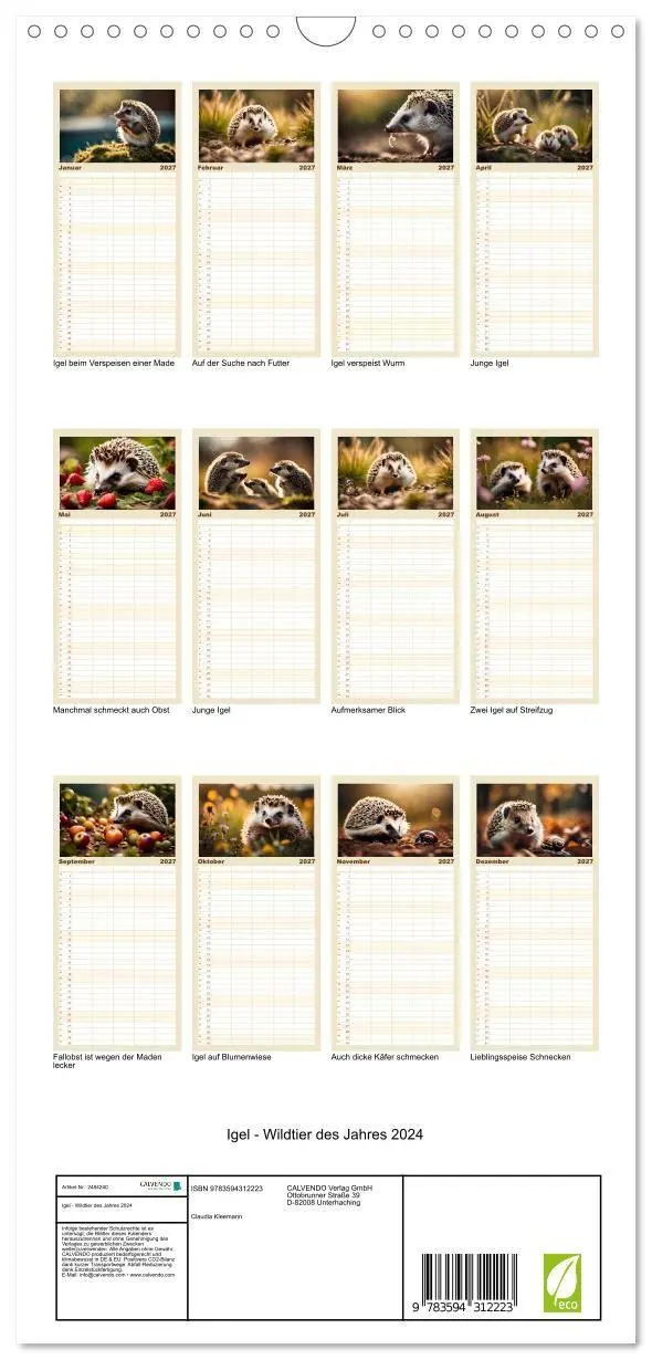 Bild: 9783594312223 | Familienplaner 2027 - Igel - Wildtier des Jahres 2024 mit 5 Spalten...