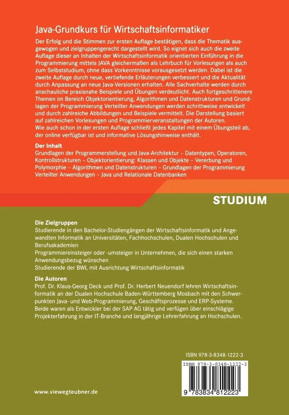 Rückseite: 9783834812223 | Java-Grundkurs für Wirtschaftsinformatiker | Herbert Neuendorf (u. a.)
