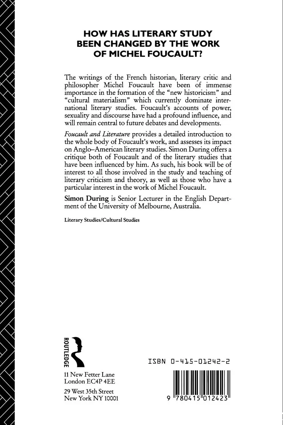 Rückseite: 9780415012423 | Foucault and Literature | Towards a Geneaology of Writing | During