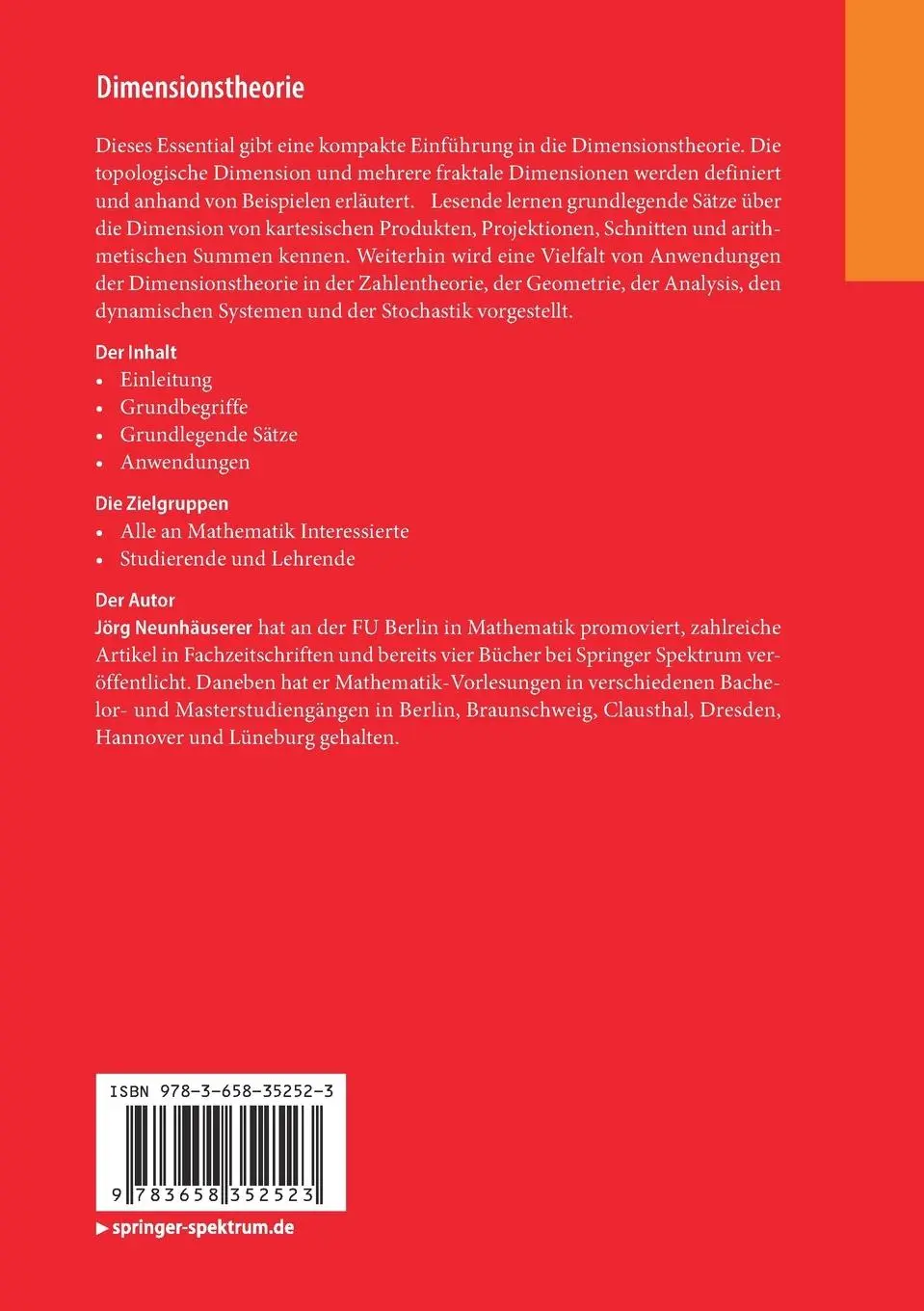 Rückseite: 9783658352523 | Dimensionstheorie | Jörg Neunhäuserer | Taschenbuch | vii | Deutsch