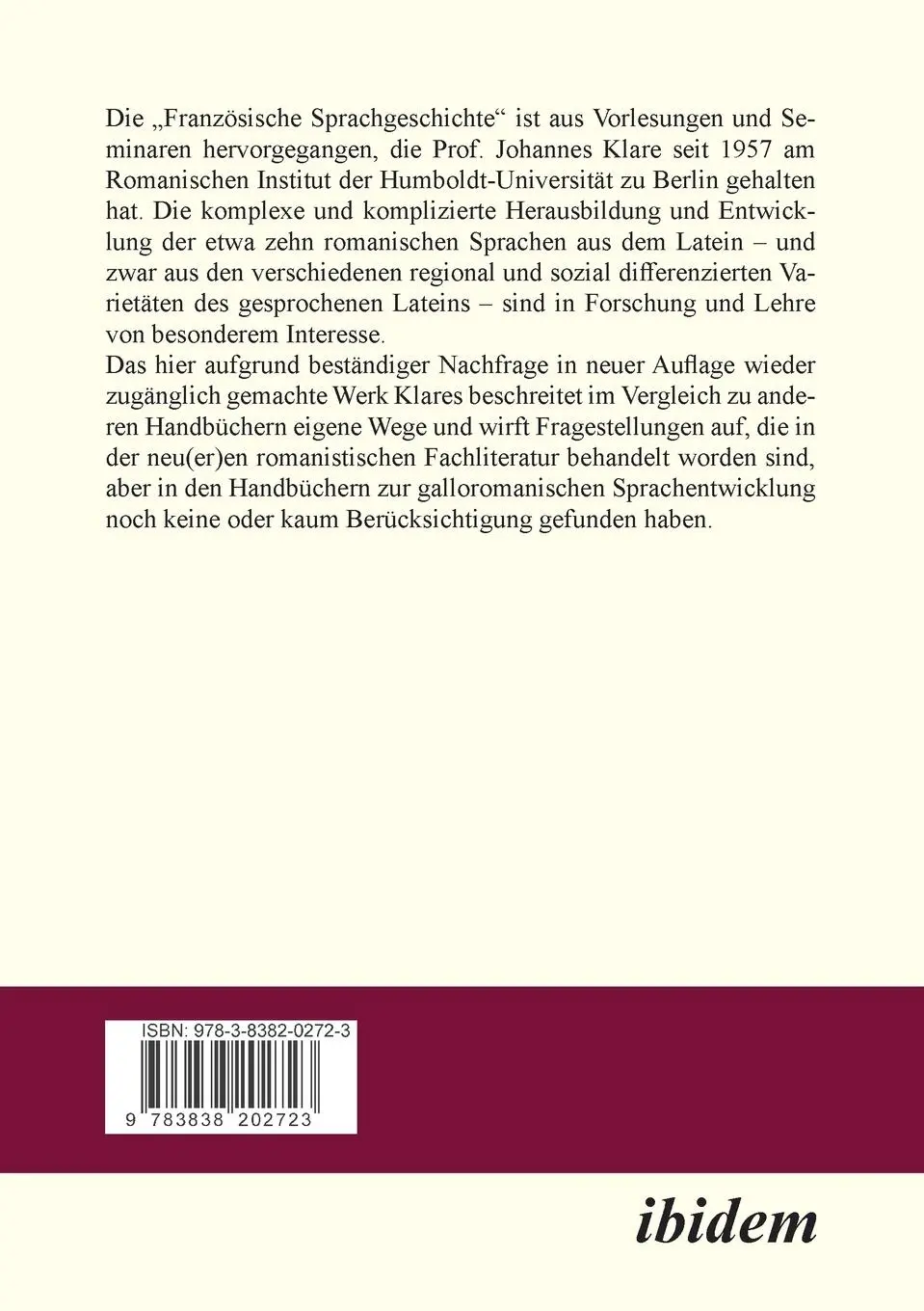 Rückseite: 9783838202723 | Französische Sprachgeschichte | Johannes Klare | Taschenbuch | 200 S.