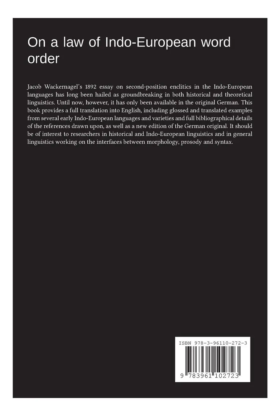 Rückseite: 9783961102723 | On a law of Indo-European word order | Jacob Wackernagel | Buch | 2020