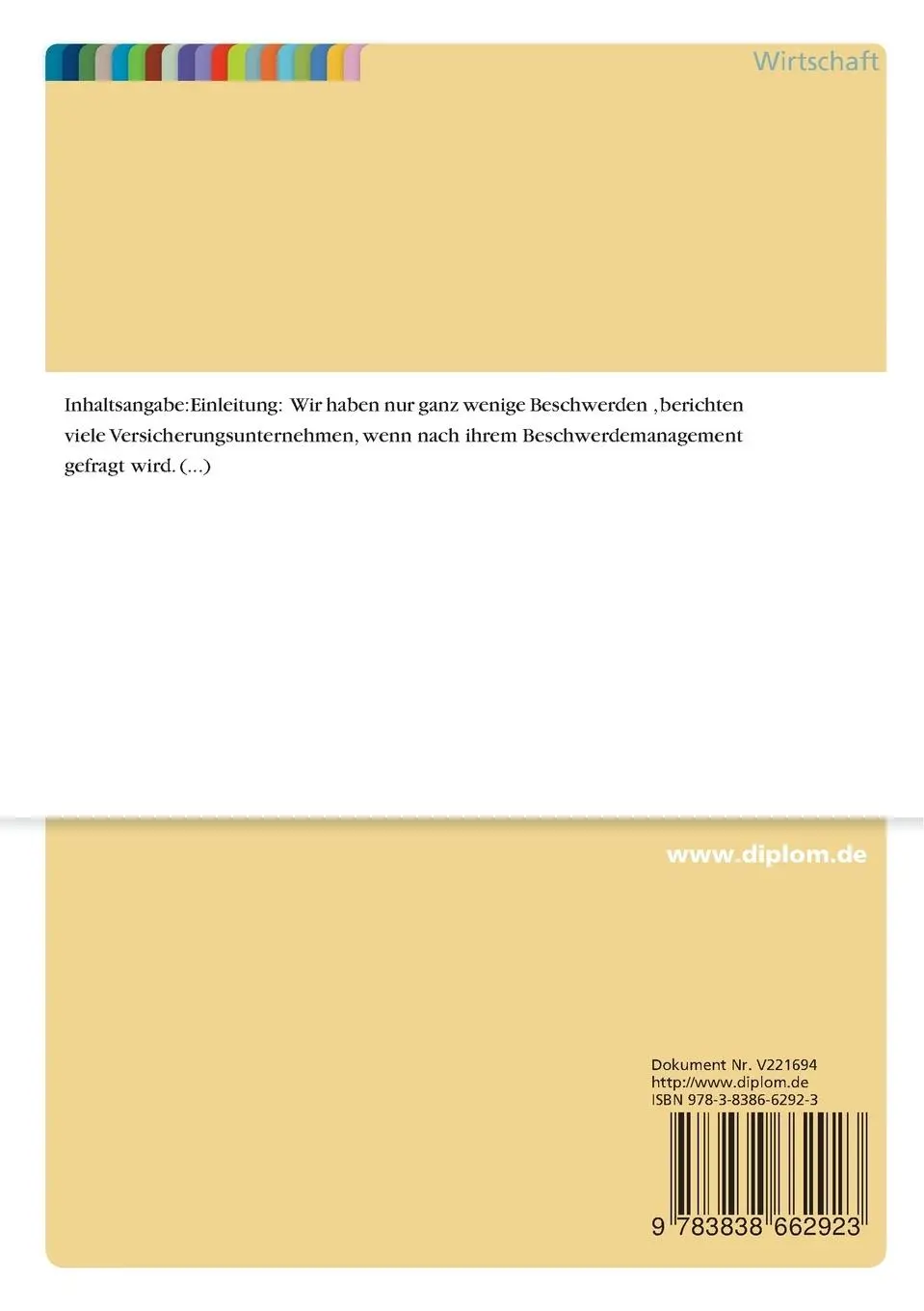 Rückseite: 9783838662923 | Beschwerdemanagement in der Versicherungsbranche | Michael Hain | Buch
