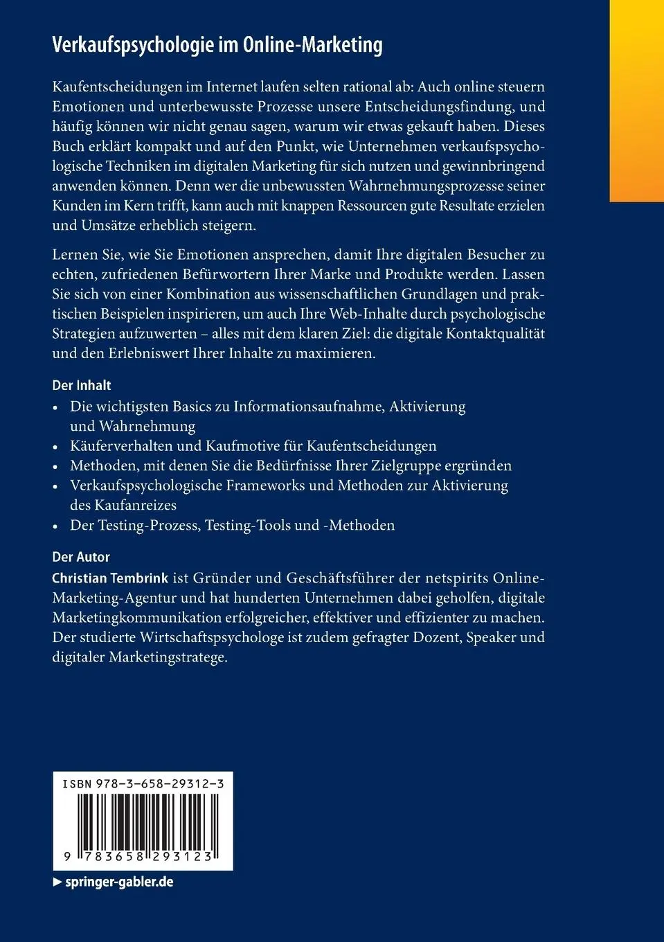 Rückseite: 9783658293123 | Verkaufspsychologie im Online-Marketing | Christian Tembrink | Buch