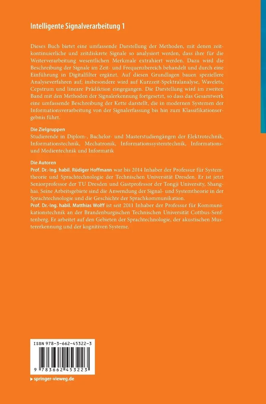 Rückseite: 9783662453223 | Intelligente Signalverarbeitung 1 | Signalanalyse | Wolff (u. a.) | xx