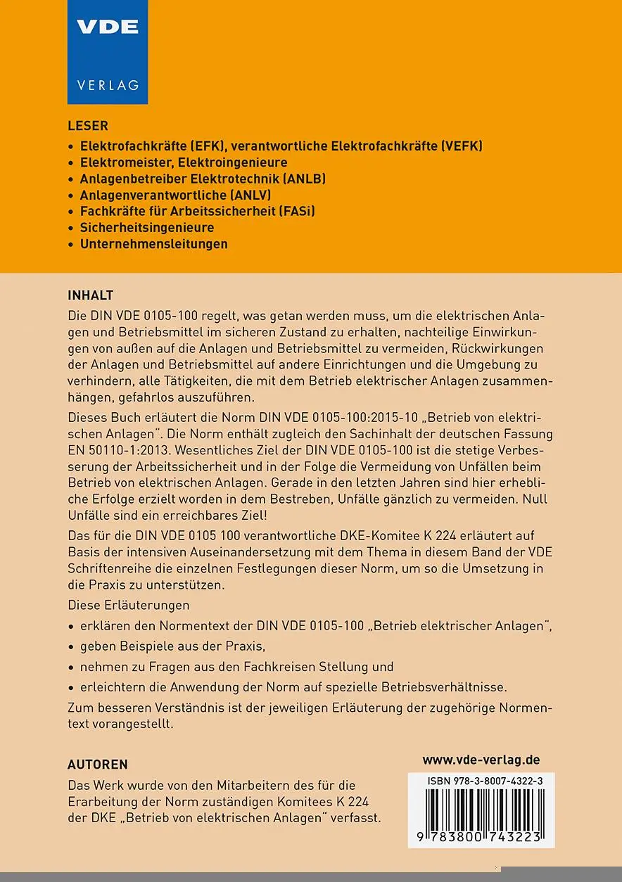 Rückseite: 9783800743223 | Betrieb von elektrischen Anlagen | DKE-Komitee K | Taschenbuch | 2017
