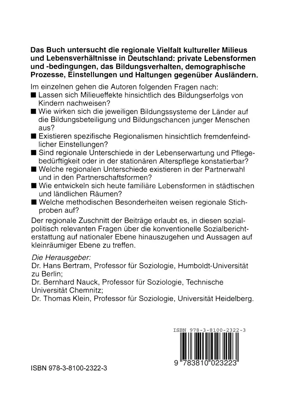 Rückseite: 9783810023223 | Solidarität, Lebensformen und regionale Entwicklung | Bertram (u. a.)