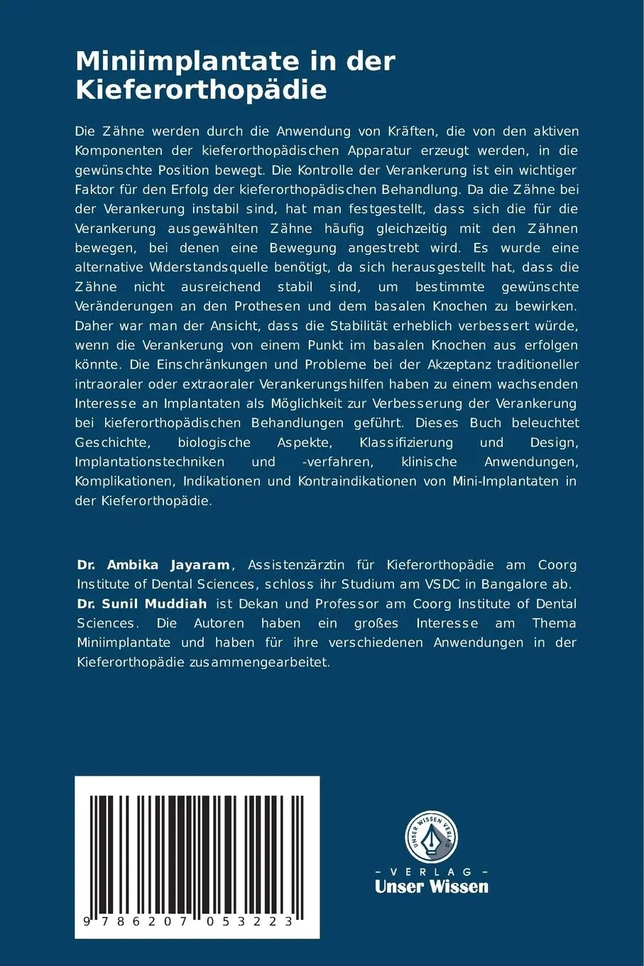 Rückseite: 9786207053223 | Miniimplantate in der Kieferorthopädie | Ambika Jayaram (u. a.) | Buch