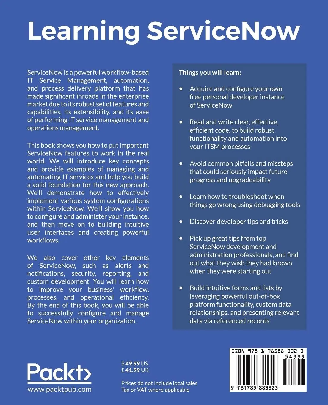 Rückseite: 9781785883323 | Learning ServiceNow | Tim Woodruff | Taschenbuch | Englisch | 2017