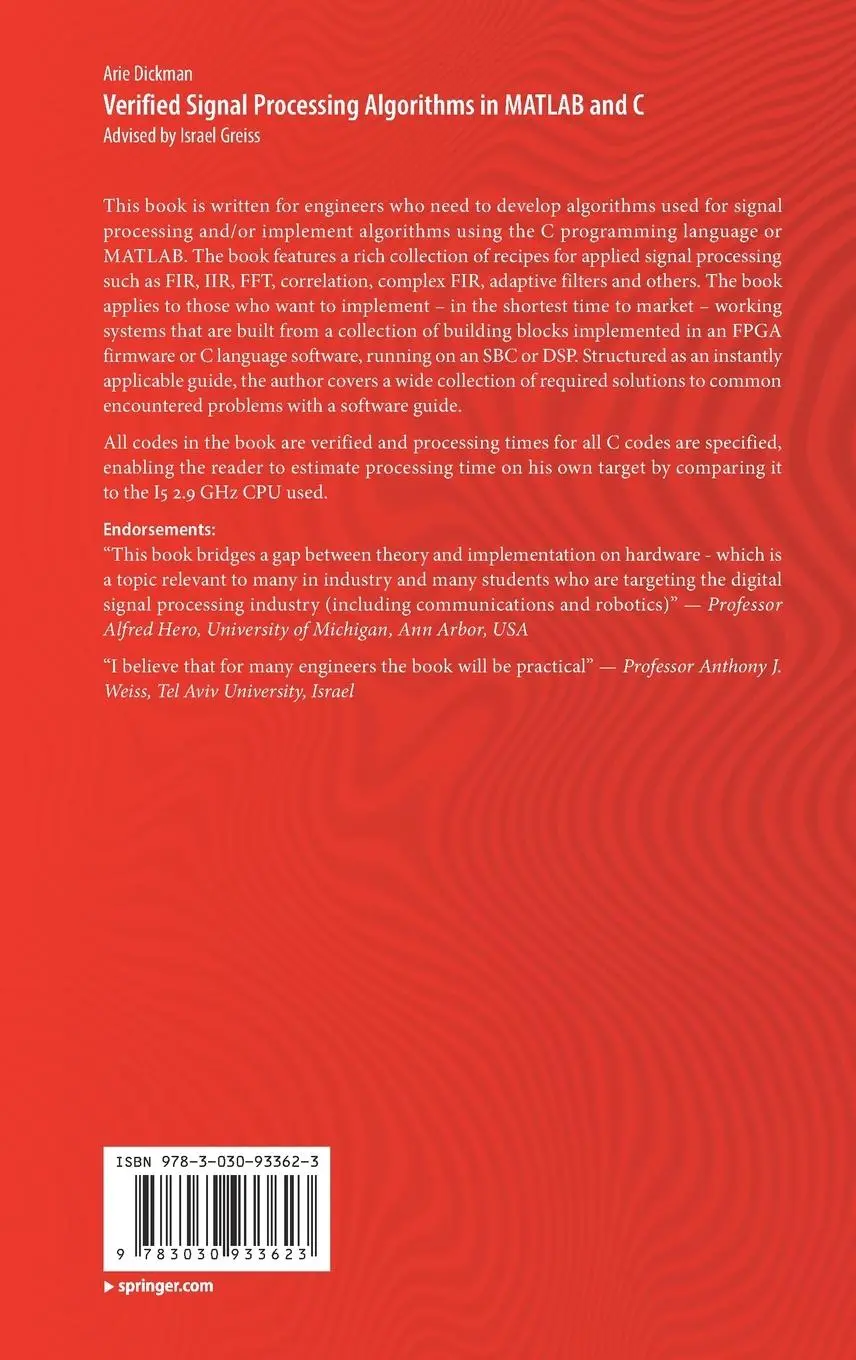 Rückseite: 9783030933623 | Verified Signal Processing Algorithms in MATLAB and C | Arie Dickman