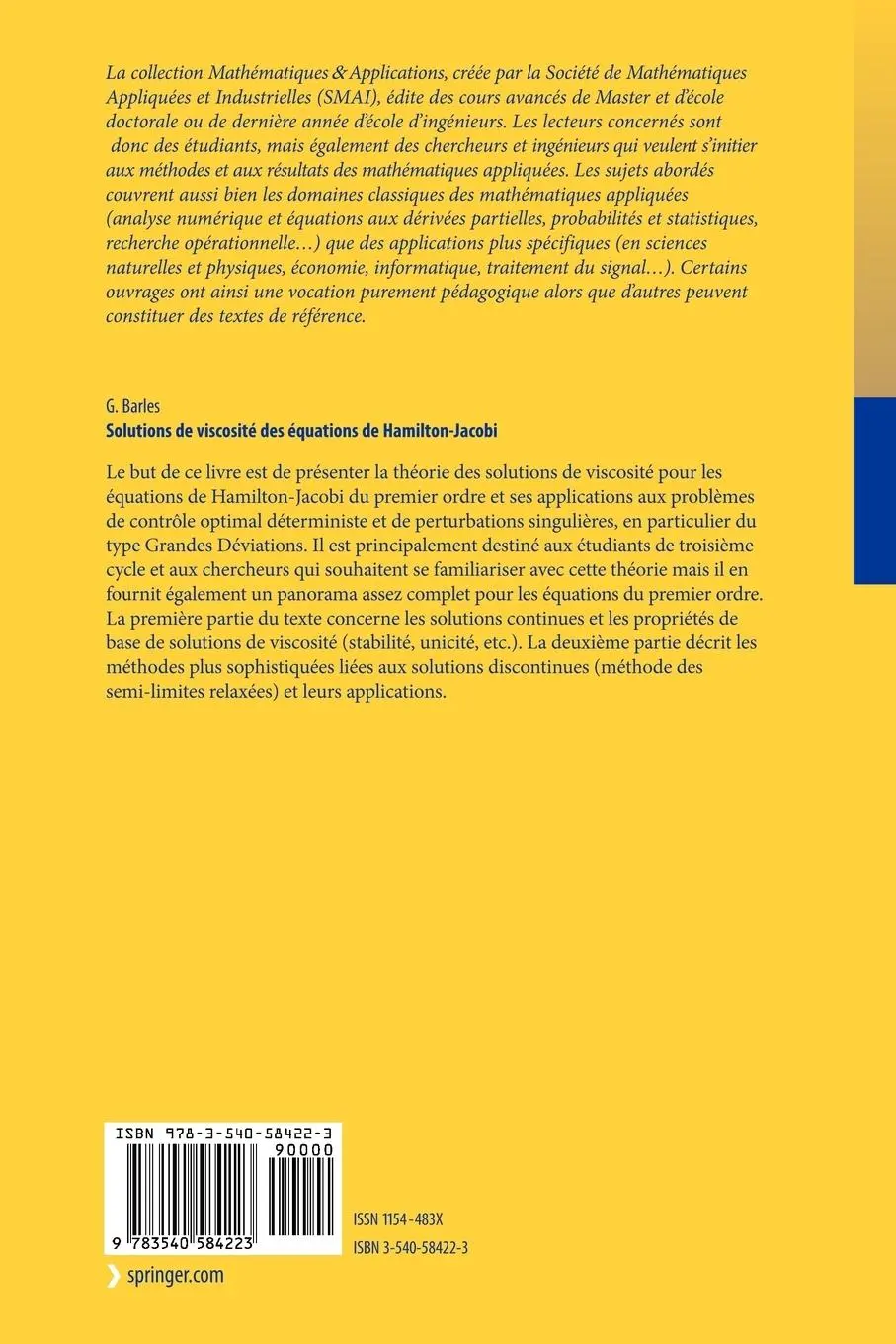 Rückseite: 9783540584223 | Solutions de viscosité des équations de Hamilton-Jacobi | Guy Barles