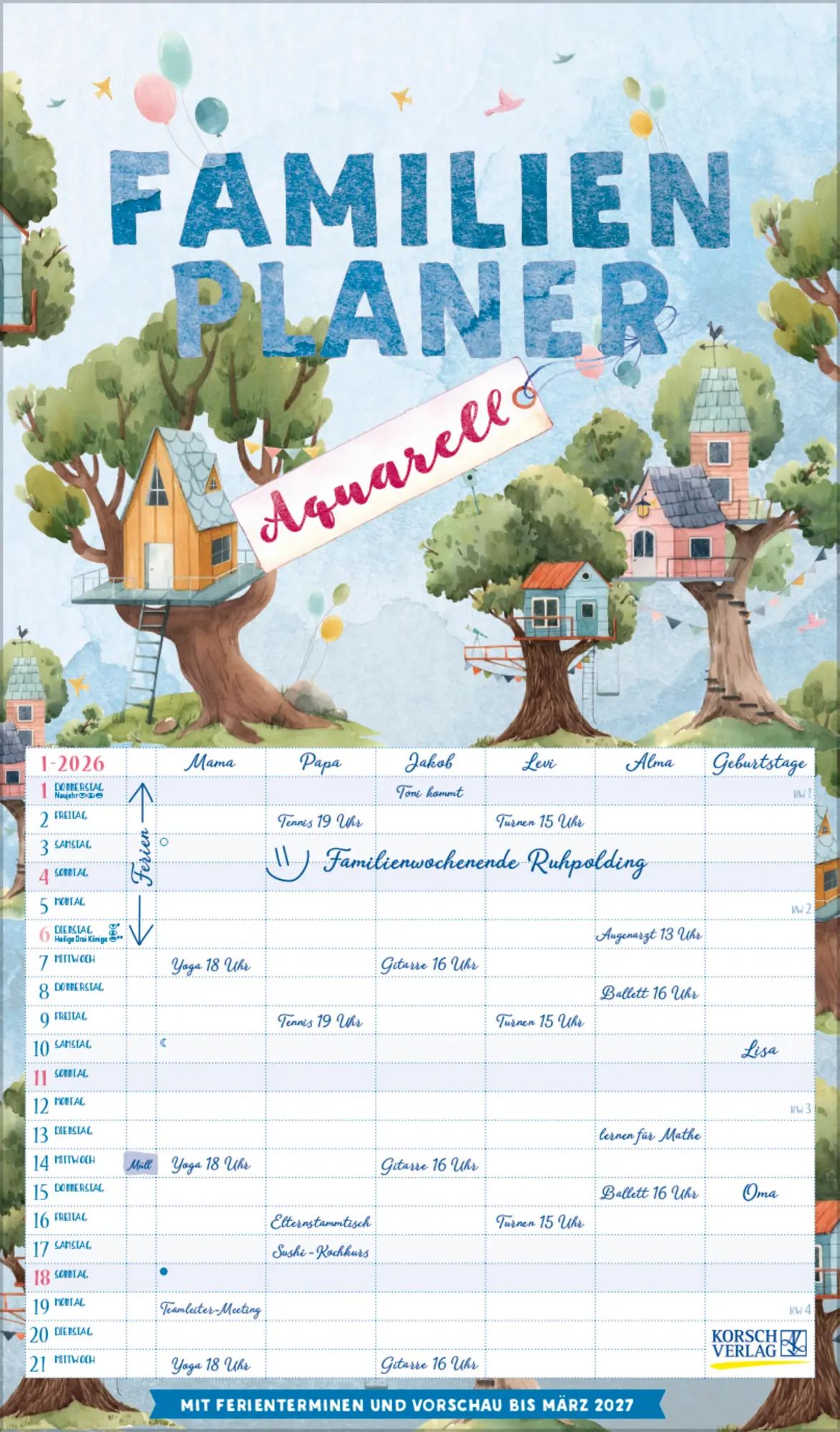 Cover: 9783731884323 | Familienplaner Aquarell 2026 | Verlag Korsch | Kalender | 14 S. | 2027