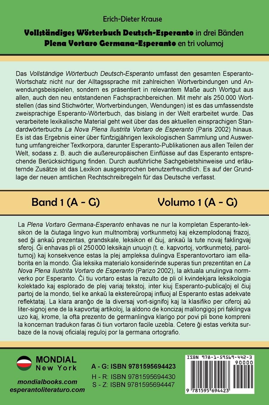 Rückseite: 9781595694423 | Vollständiges Wörterbuch Deutsch-Esperanto in drei Bänden. Band 1...
