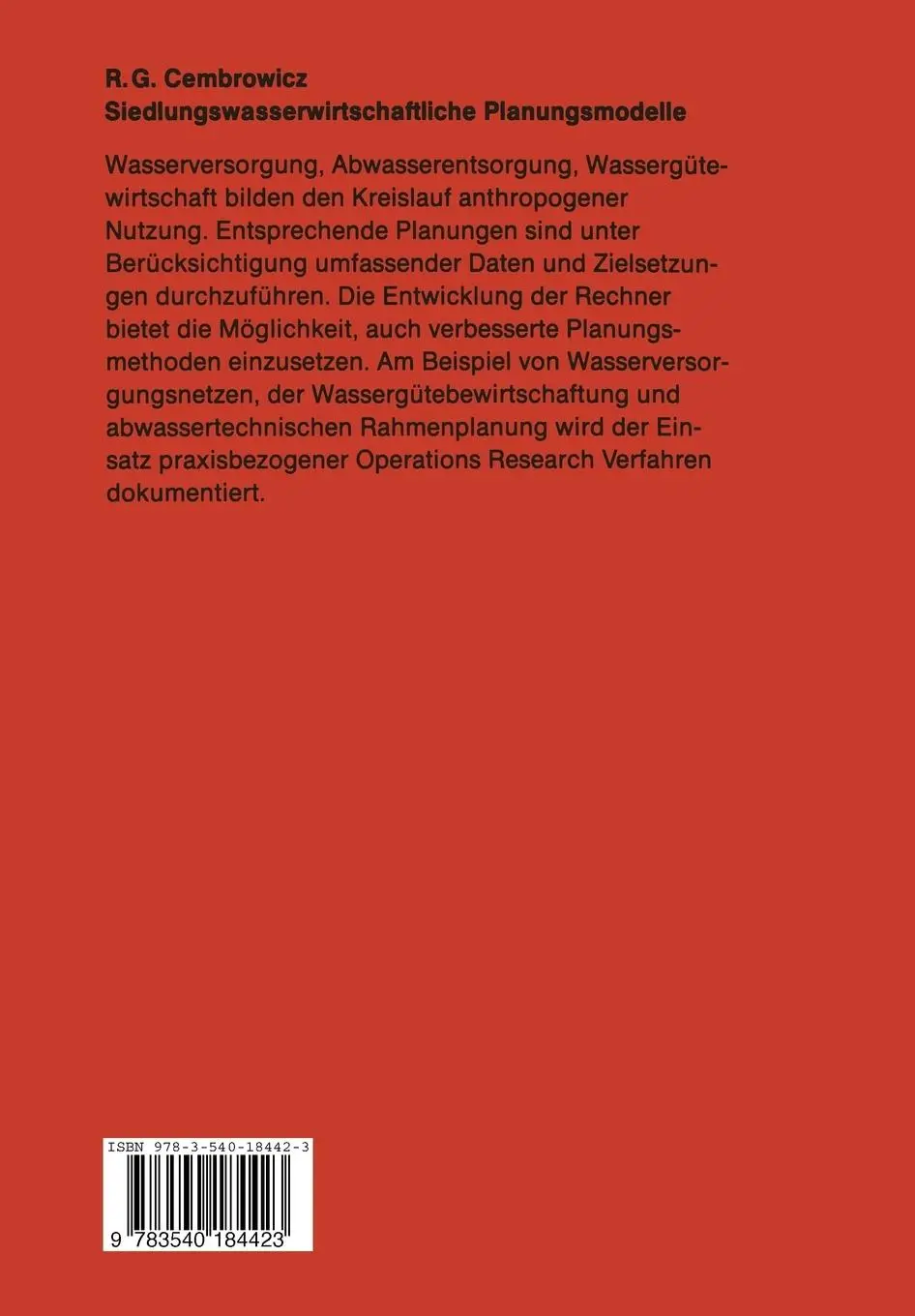 Rückseite: 9783540184423 | Siedlungswasserwirtschaftliche Planungsmodelle | Ralf G. Cembrowicz