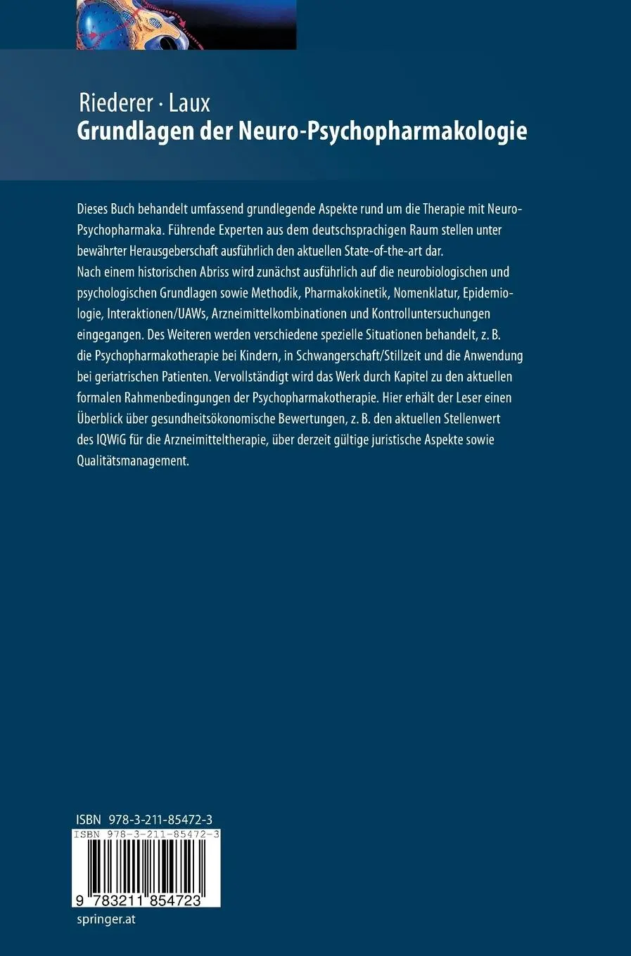 Rückseite: 9783211854723 | Grundlagen der Neuro-Psychopharmakologie | Ein Therapiehandbuch | Buch