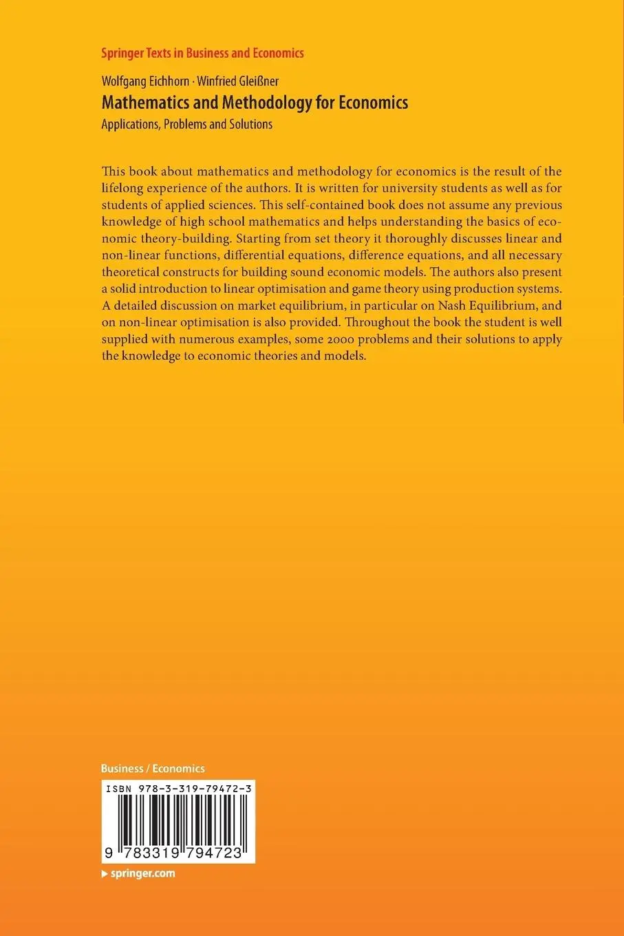 Rückseite: 9783319794723 | Mathematics and Methodology for Economics | Winfried Gleißner (u. a.)