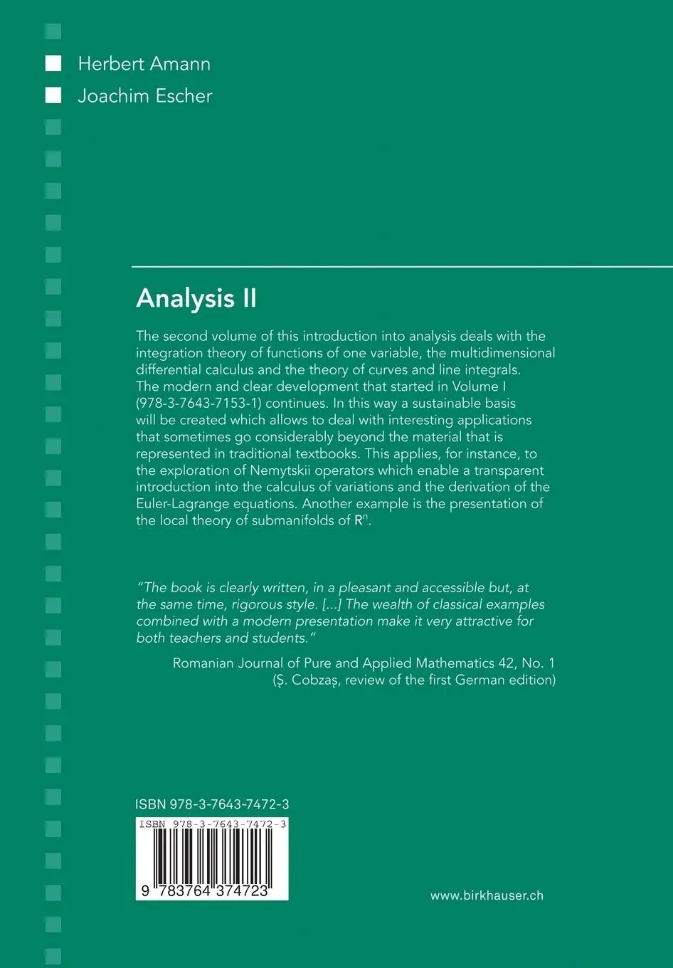Rückseite: 9783764374723 | Analysis II | Joachim Escher (u. a.) | Taschenbuch | xii | Englisch