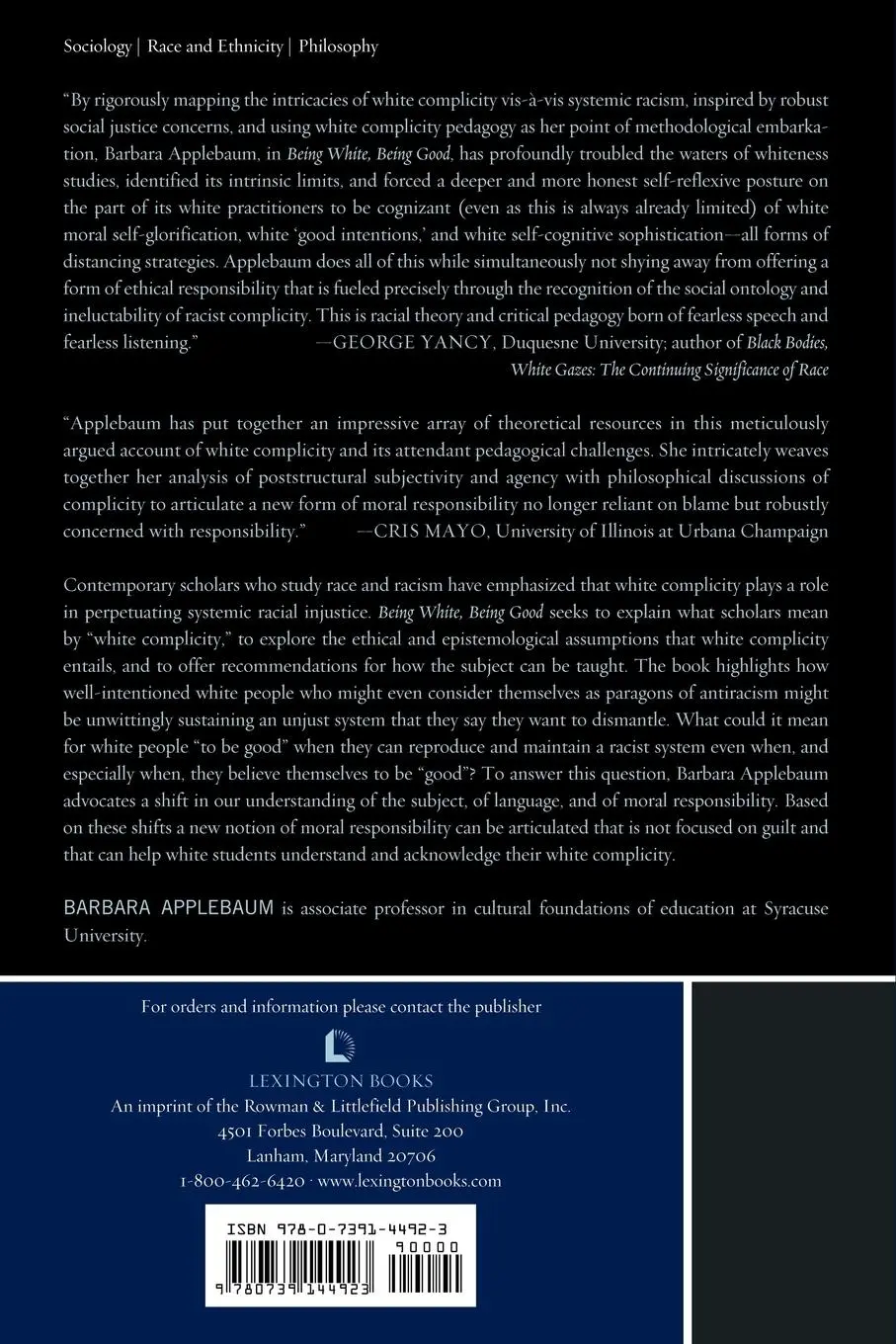 Rückseite: 9780739144923 | Being White, Being Good | Barbara Applebaum | Taschenbuch | Englisch