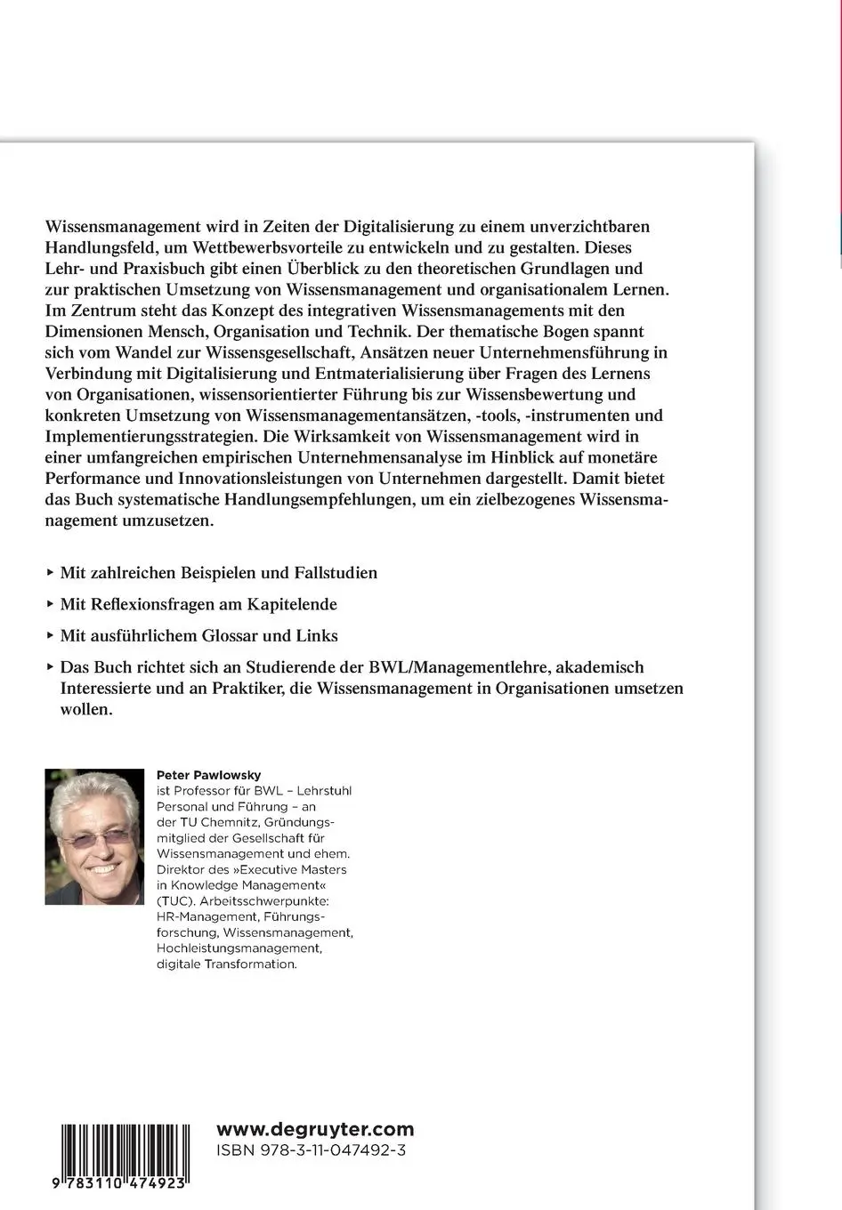 Rückseite: 9783110474923 | Wissensmanagement | Peter Pawlowsky | Taschenbuch | De Gruyter Studium