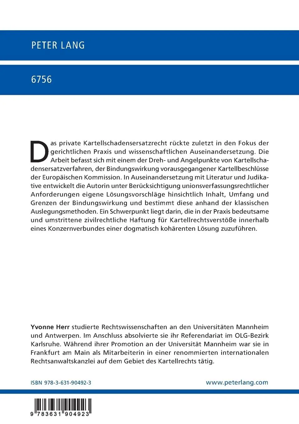 Rückseite: 9783631904923 | Die Bindungswirkung von Beschlüssen der Europäischen Kommission im...