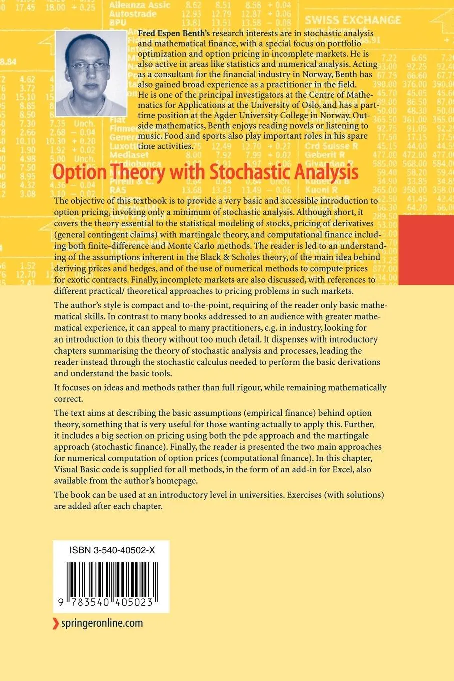 Rückseite: 9783540405023 | Option Theory with Stochastic Analysis | Fred Espen Benth | Buch | x