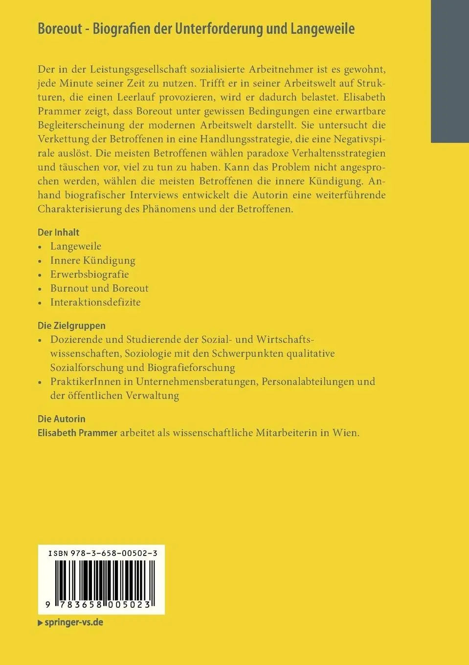 Rückseite: 9783658005023 | Boreout - Biografien der Unterforderung und Langeweile | Prammer | vii
