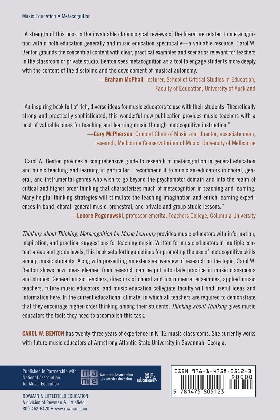 Rückseite: 9781475805123 | Thinking about Thinking | Metacognition for Music Learning | Benton