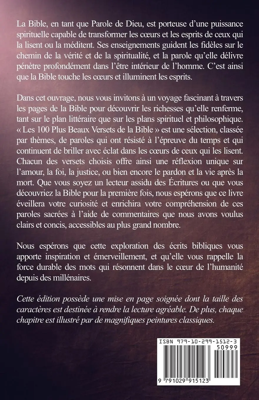 Rückseite: 9791029915123 | Les 100 plus beaux versets de la Bible | Version commentée | Rocher