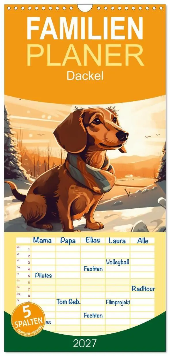 Cover: 9783594315323 | Familienplaner 2027 - Dackel mit 5 Spalten (Wandkalender, 21 x 45...