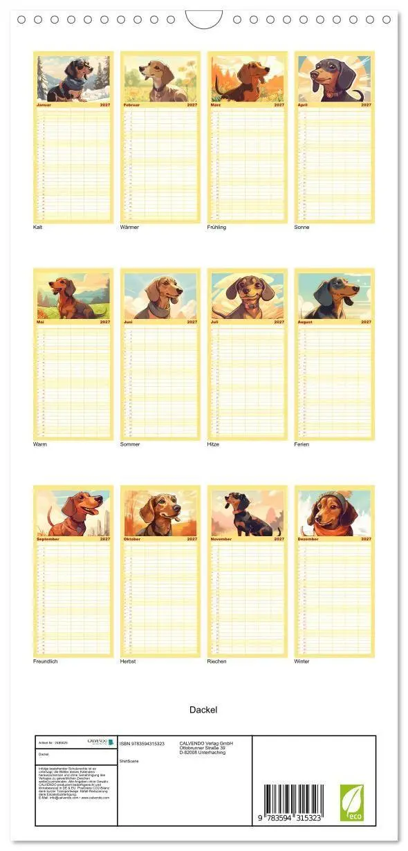 Bild: 9783594315323 | Familienplaner 2027 - Dackel mit 5 Spalten (Wandkalender, 21 x 45...