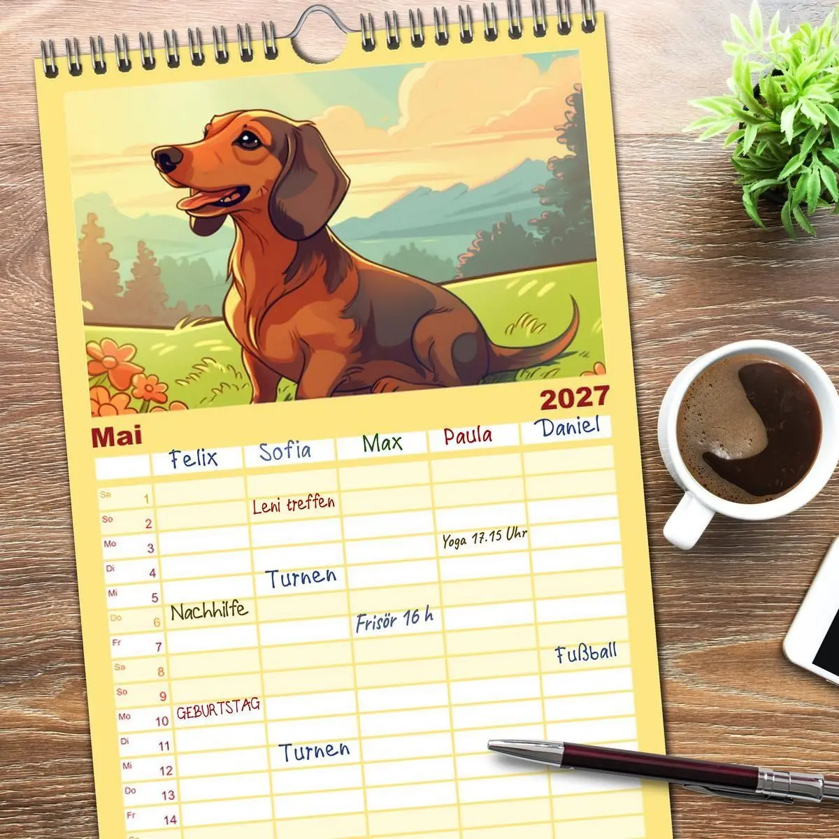 Bild: 9783594315323 | Familienplaner 2027 - Dackel mit 5 Spalten (Wandkalender, 21 x 45...