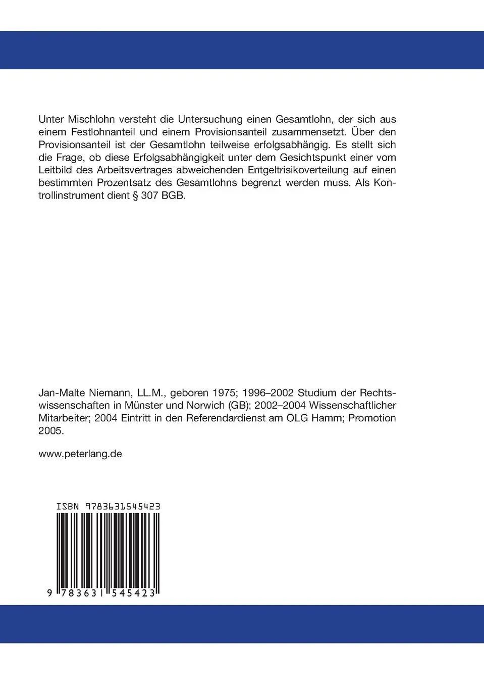 Rückseite: 9783631545423 | Arbeitsvertraglicher Mischlohn: Quotelungskontrolle nach § 307 BGB