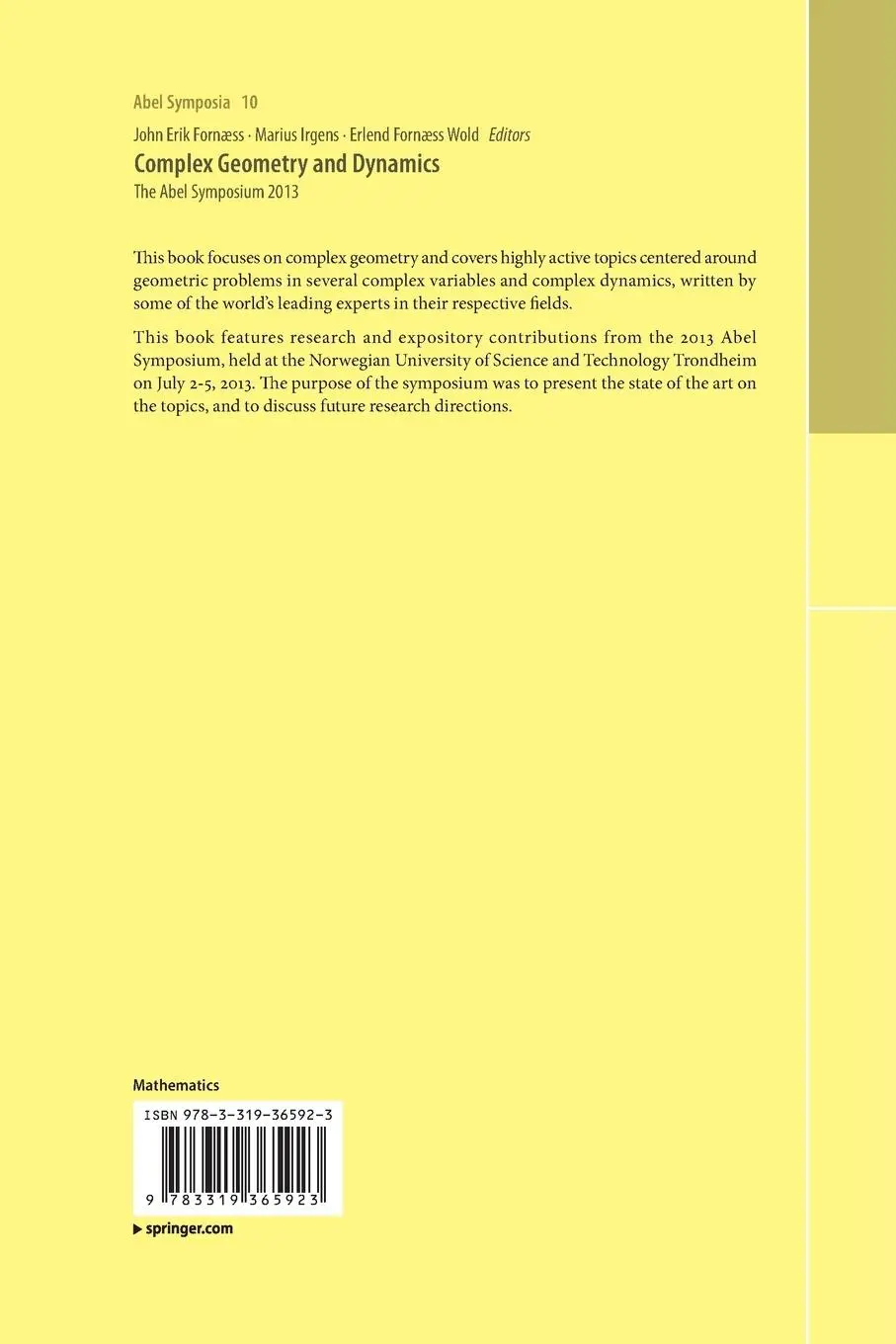 Rückseite: 9783319365923 | Complex Geometry and Dynamics | The Abel Symposium 2013 | Taschenbuch