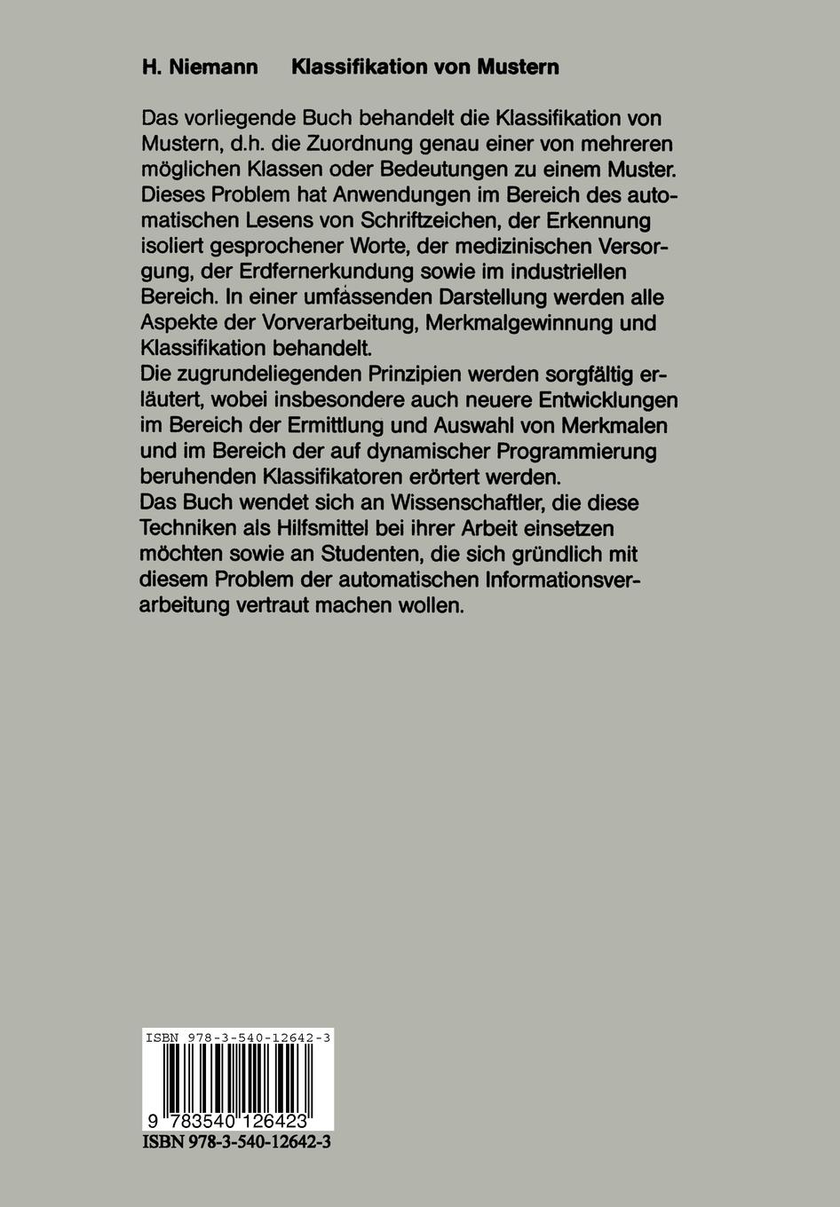 Rückseite: 9783540126423 | Klassifikation von Mustern | H. Niemann | Taschenbuch | x | Deutsch