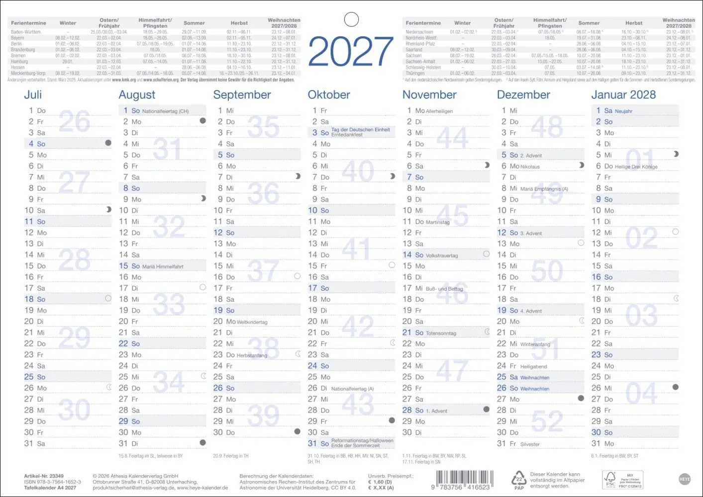 Bild: 9783756416523 | Tafelkalender A4 2027 | Kalender | Loseblatt-Ausgabe | 2 S. | Deutsch