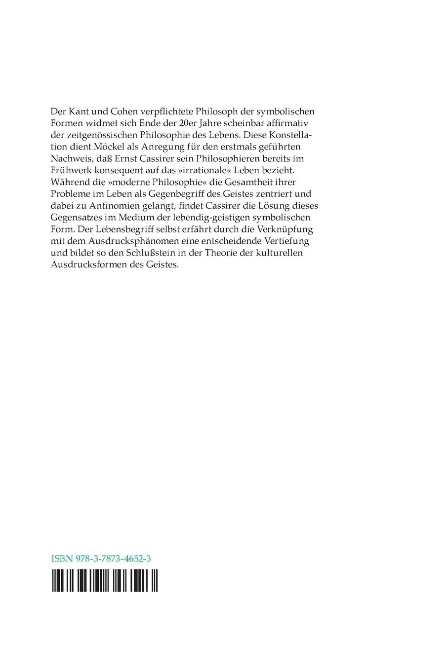 Rückseite: 9783787346523 | Das Urphänomen des Lebens | Ernst Cassirers Lebensbegriff | Möckel