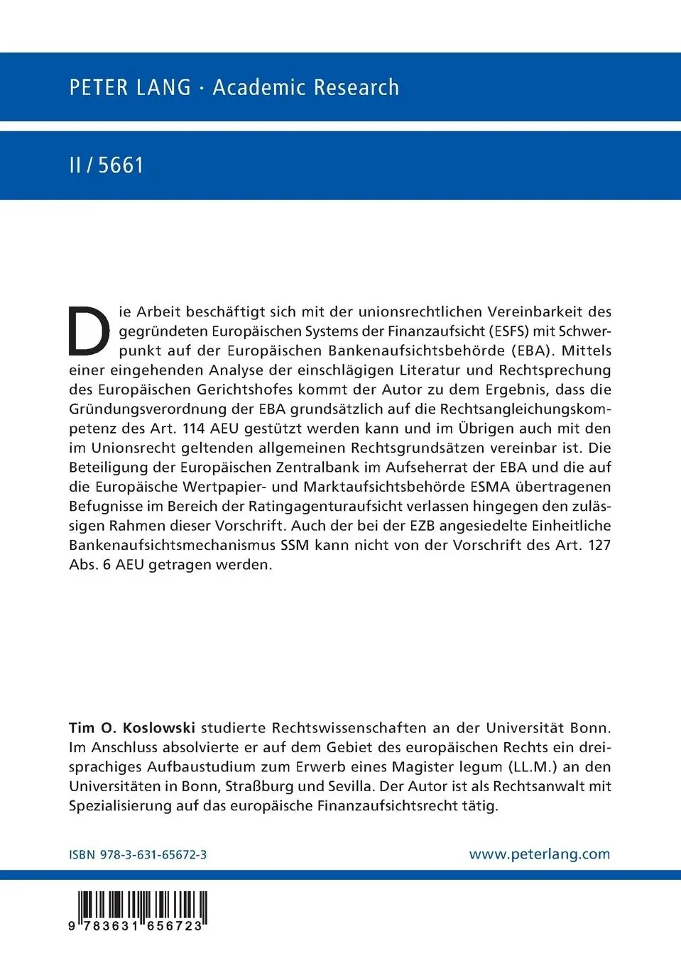 Rückseite: 9783631656723 | Die Europäische Bankenaufsichtsbehörde und ihre Befugnisse | Koslowski