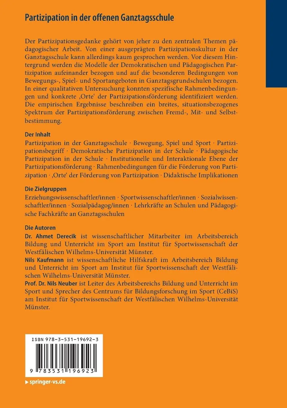 Rückseite: 9783531196923 | Partizipation in der offenen Ganztagsschule | Ahmet Derecik (u. a.)