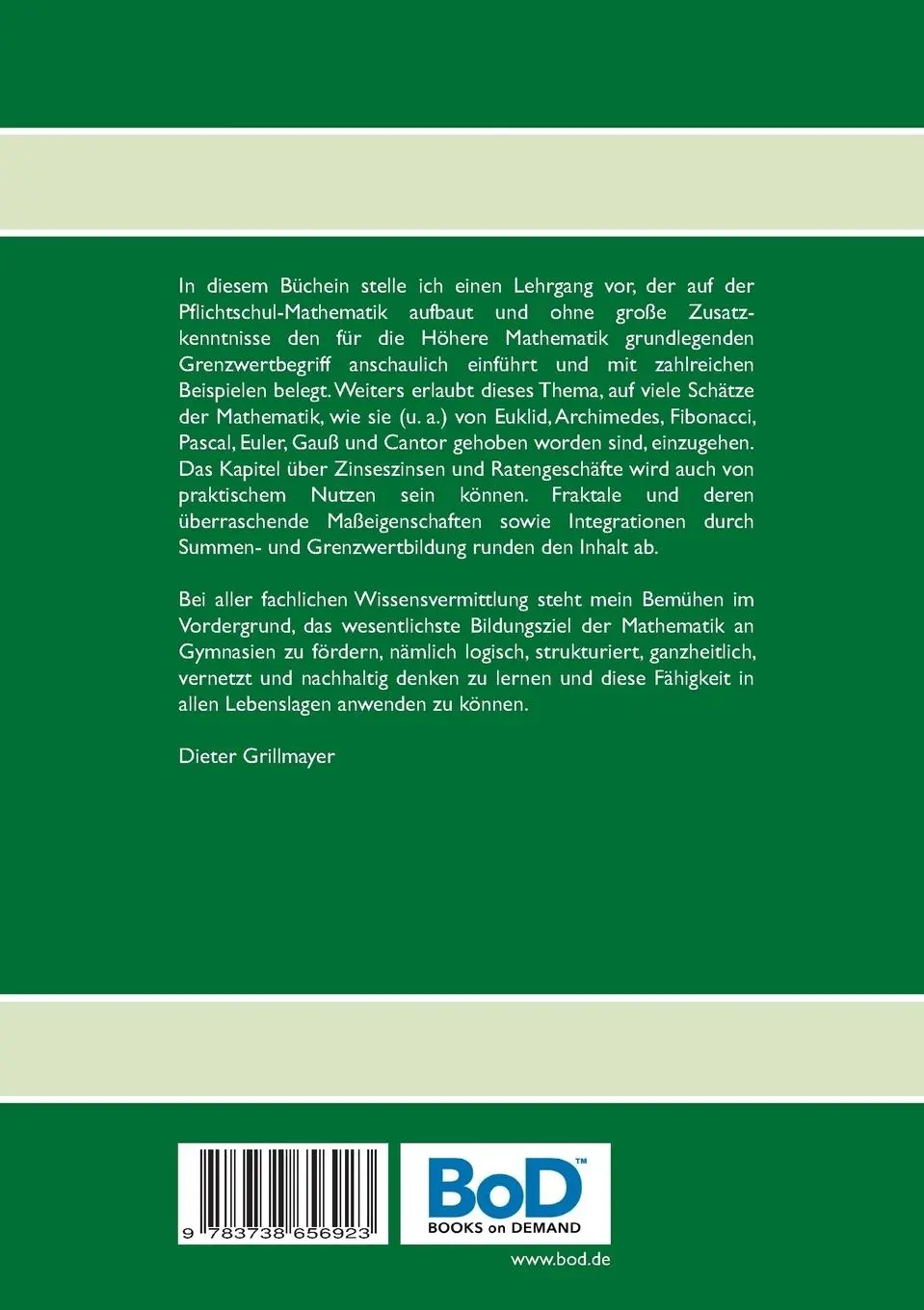 Rückseite: 9783738656923 | Schätze der Mathematik: Folgen und Reihen | Dieter Grillmayer | Buch