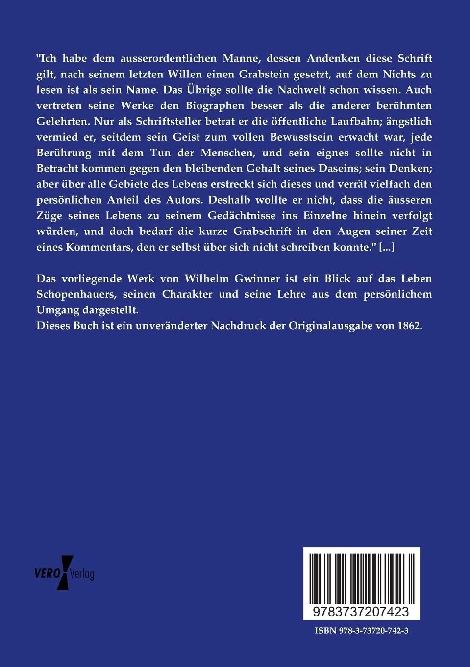 Rückseite: 9783737207423 | Arthur Schopenhauer aus persönlichem Umgang dargestellt | Gwinner