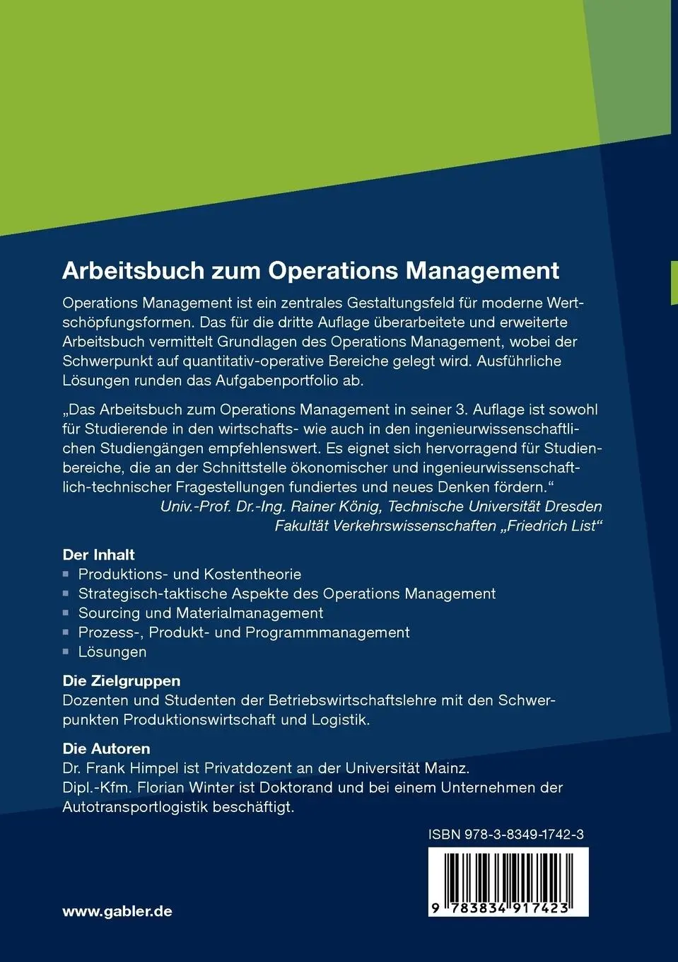 Rückseite: 9783834917423 | Arbeitsbuch zum Operations Management | Frank Himpel (u. a.) | Buch