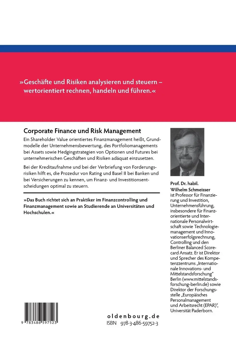 Rückseite: 9783486597523 | Corporate Finance und Risk Management | Wilhelm Schmeisser | Buch