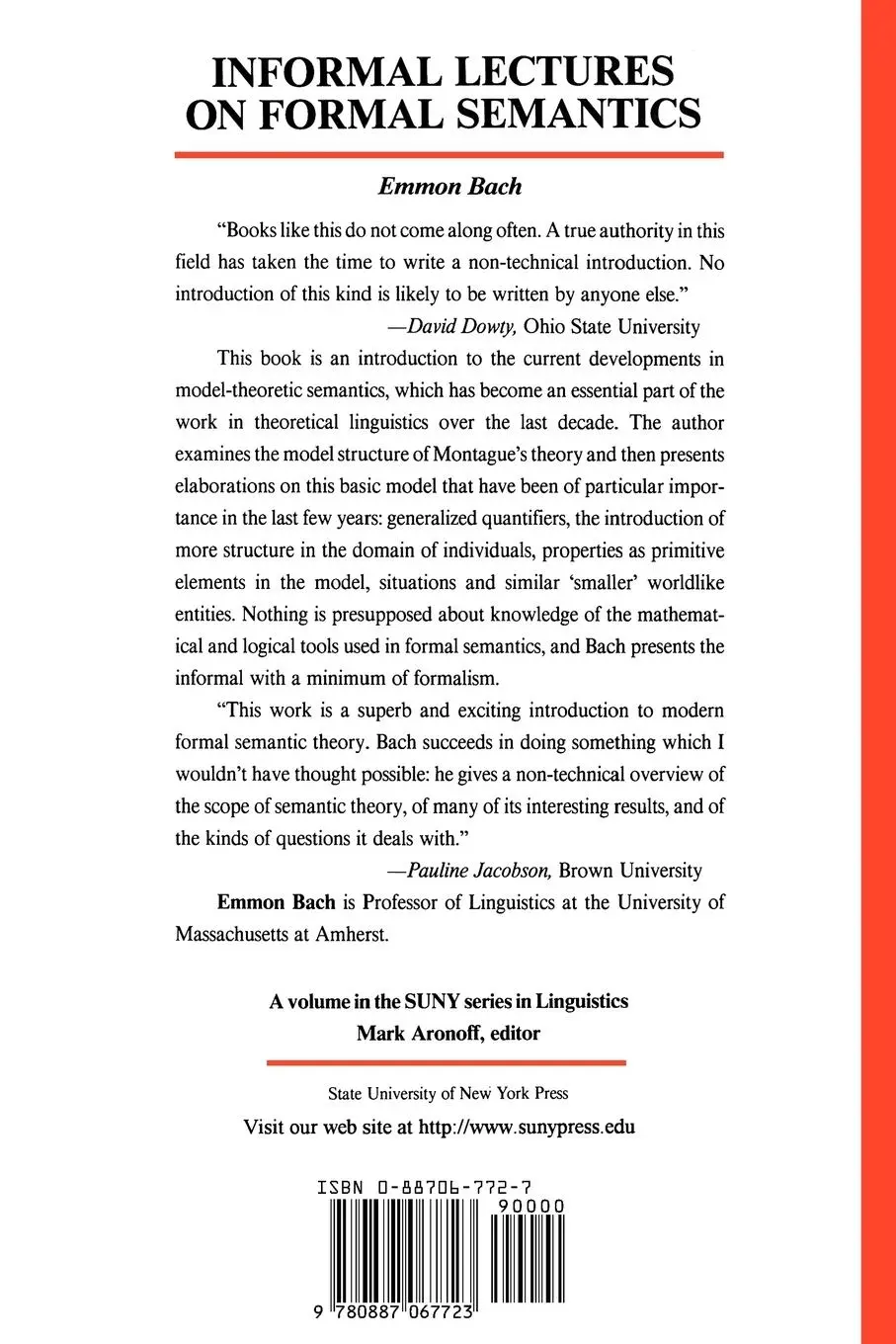 Rückseite: 9780887067723 | Informal Lectures on Formal Semantics | Emmon Bach | Taschenbuch