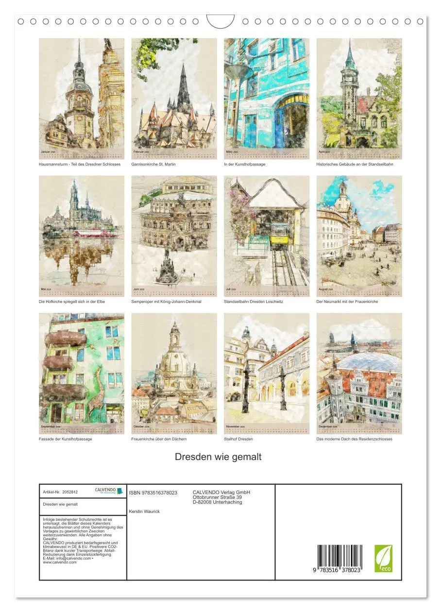 Bild: 9783516378023 | Dresden wie gemalt (Wandkalender 2026 DIN A3 hoch), CALVENDO...