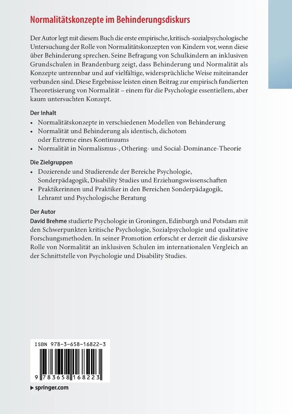 Rückseite: 9783658168223 | Normalitätskonzepte im Behinderungsdiskurs | David Brehme | Buch